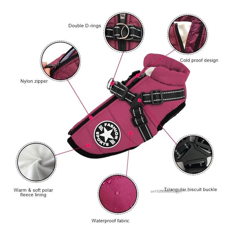 Waterproof Winter Dog Jacket with Harness