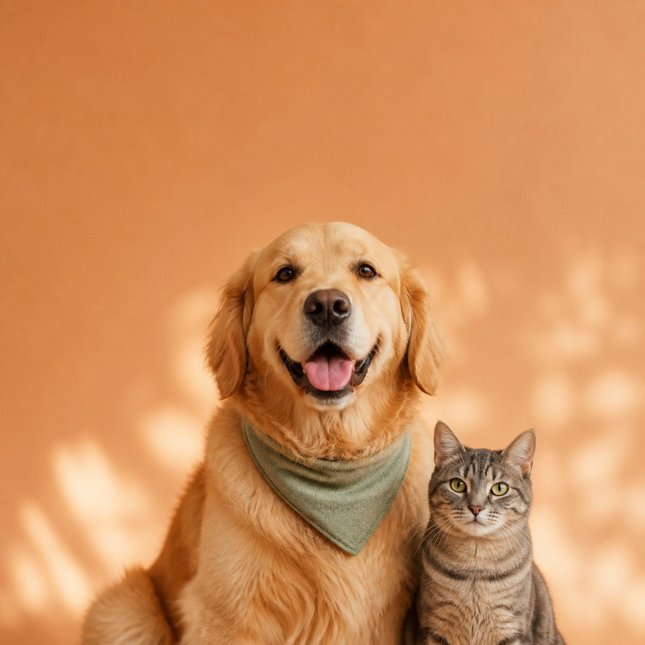 A golden retriever and tabby cat together