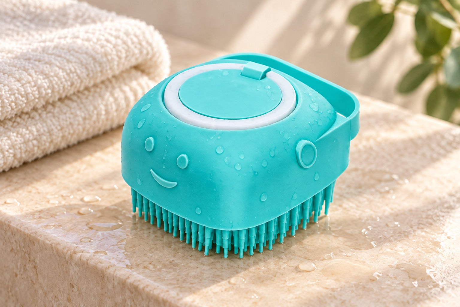 2-in-1 Pet Bath & Massage Brush — Turquoise bath brush, styled product scene