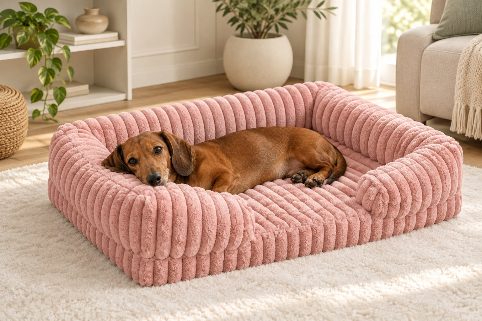 Corduroy Bolster Pet Bed — Dusty pink bed, styled product scene