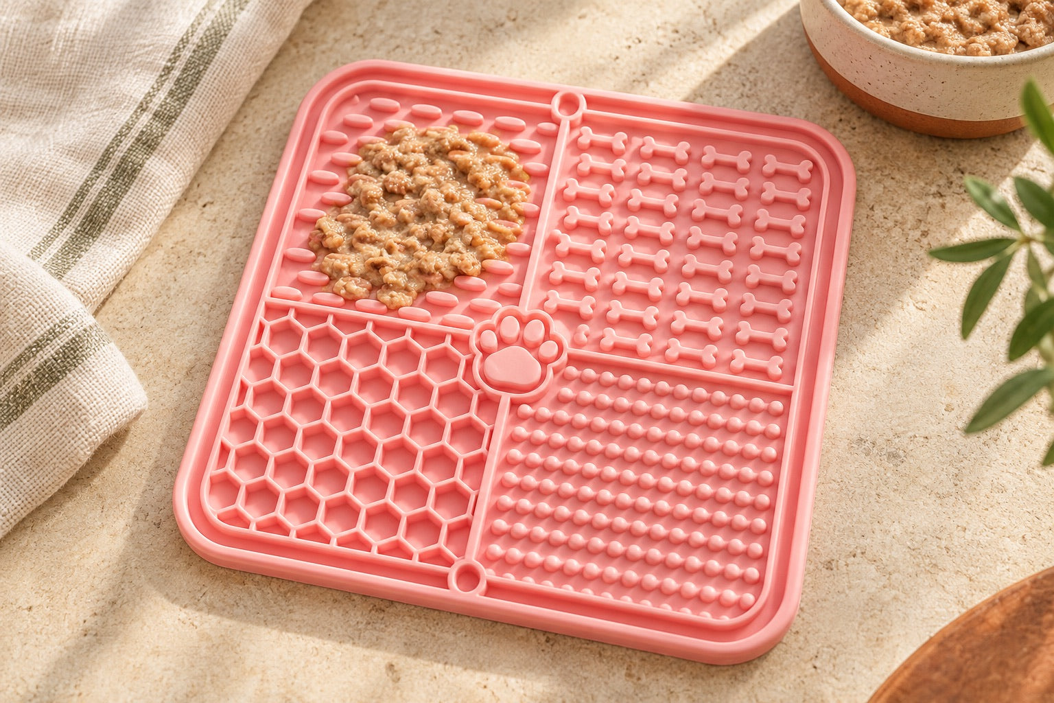 A pink silicone feeding mat with raised textures
