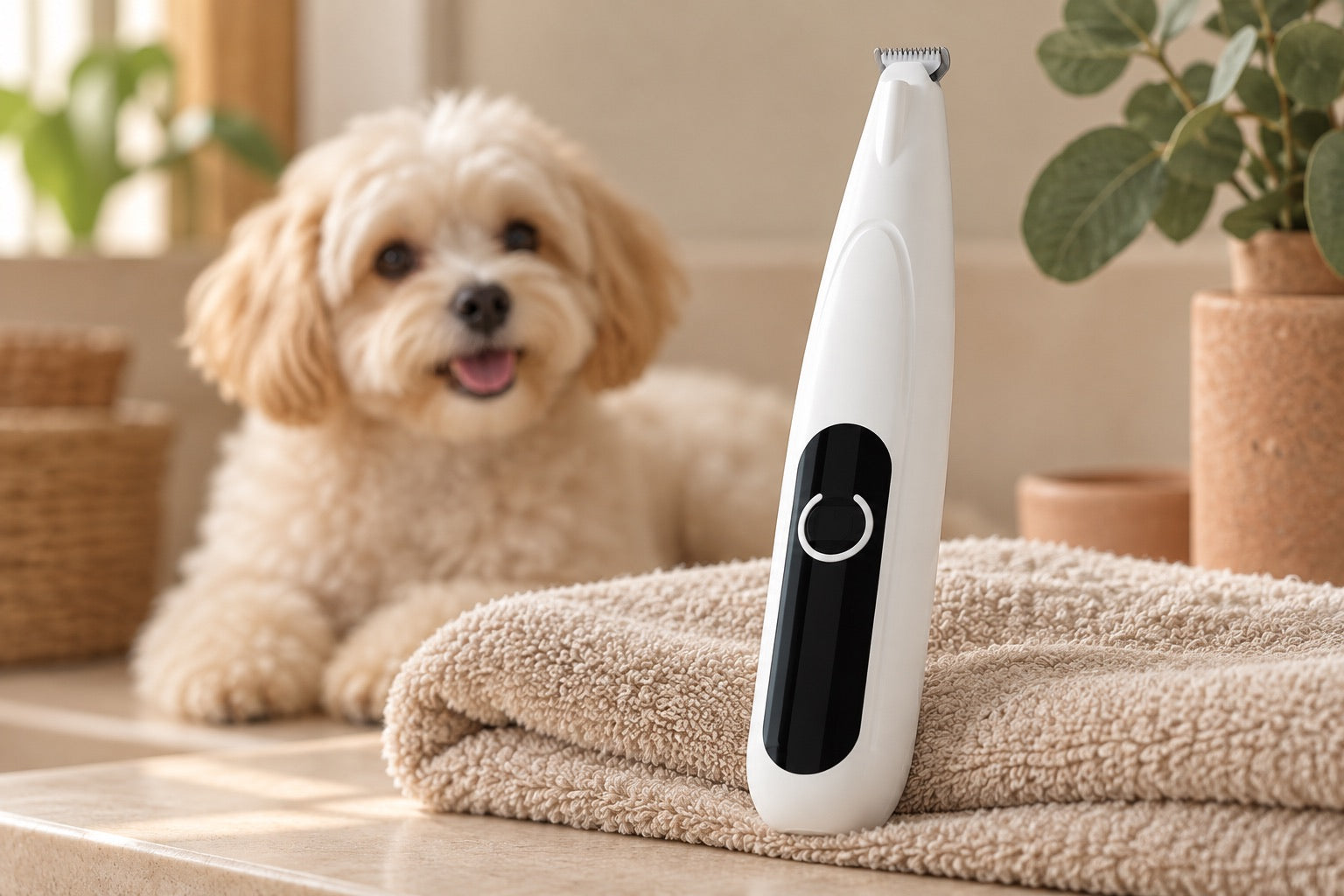 Pet Paw Trimmer — White wide-blade model, styled product scene