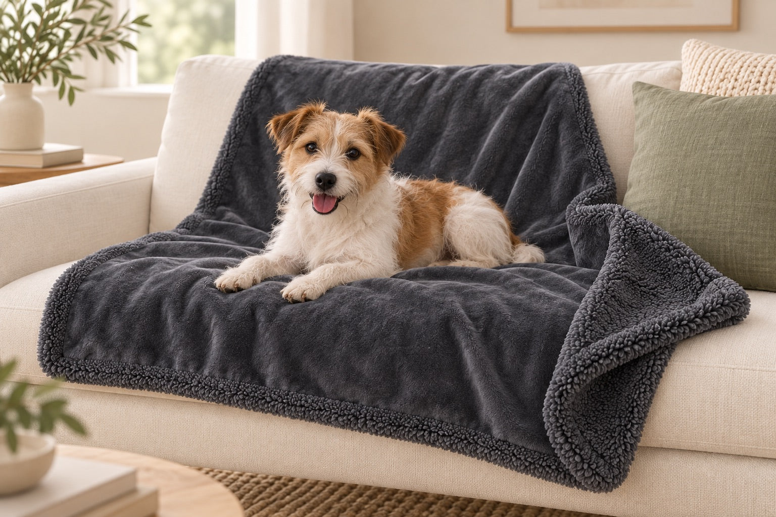 Waterproof Plush Pet Blanket — Charcoal blanket, styled product scene