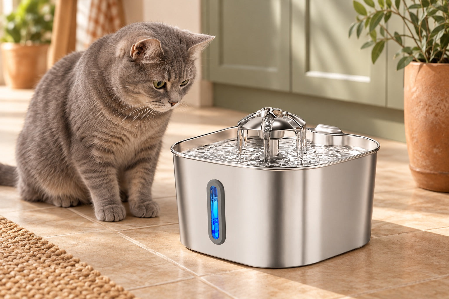 Automatic Stainless Steel Pet Water Fountain — Flower outlet with long window, styled product scene