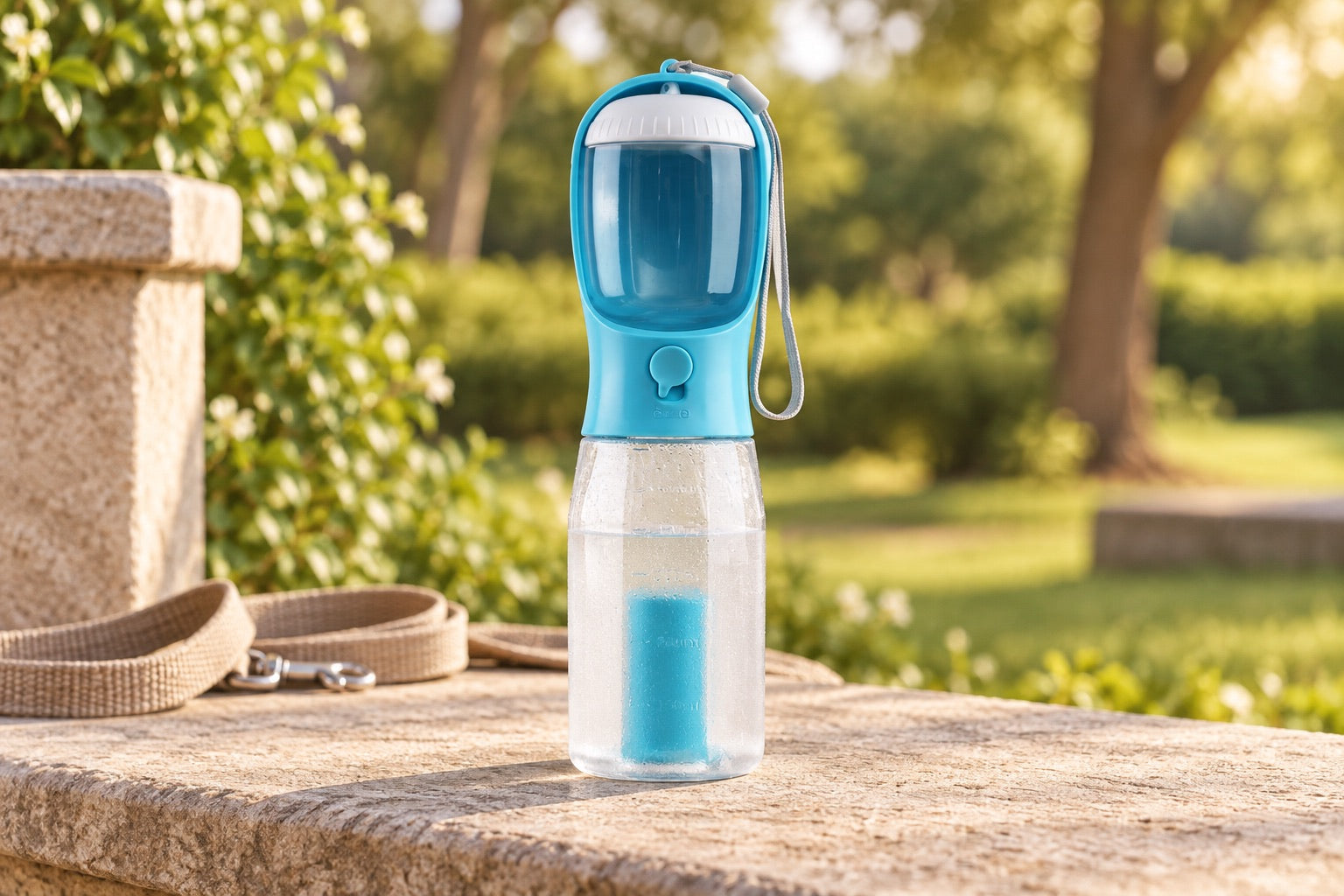 3-in-1 Portable Pet Water Bottle — Blue 3-in-1 cup, styled product scene